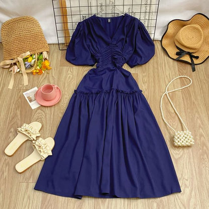 V-Neck Cinched Short-Sleeve A-Line Dress - Altfashion Shop