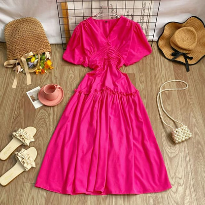 V-Neck Cinched Short-Sleeve A-Line Dress - Altfashion Shop