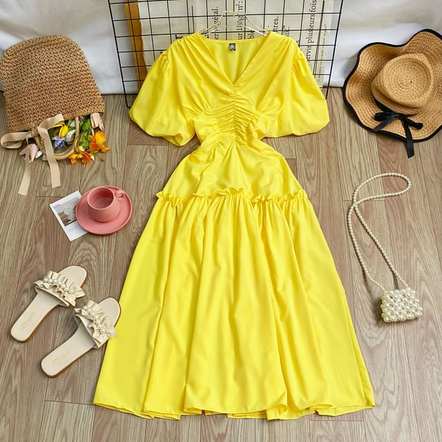 V-Neck Cinched Short-Sleeve A-Line Dress - Altfashion Shop