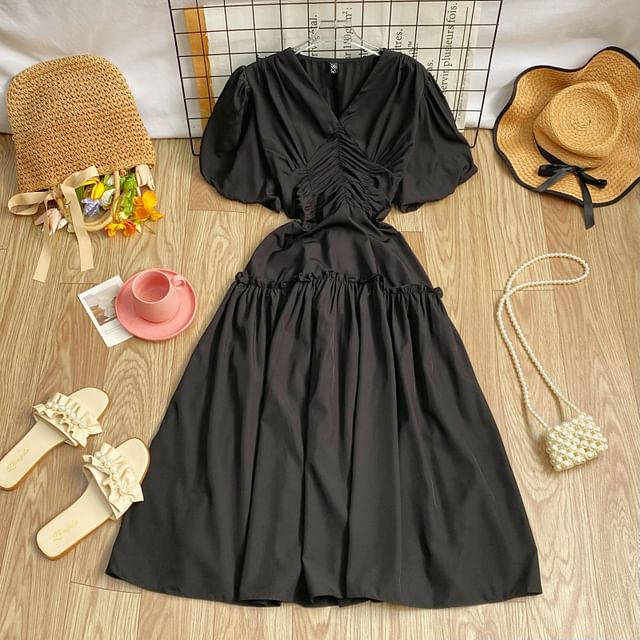 V-Neck Cinched Short-Sleeve A-Line Dress - Altfashion Shop