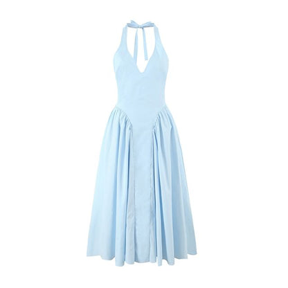 Ruched Open Back Halter V-Neck A-Line Dress - Altfashion Shop