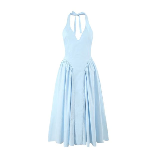 Ruched Open Back Halter V-Neck A-Line Dress - Altfashion Shop