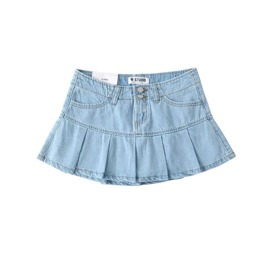 Low Rise Pleated Denim Mini A-Line Skort