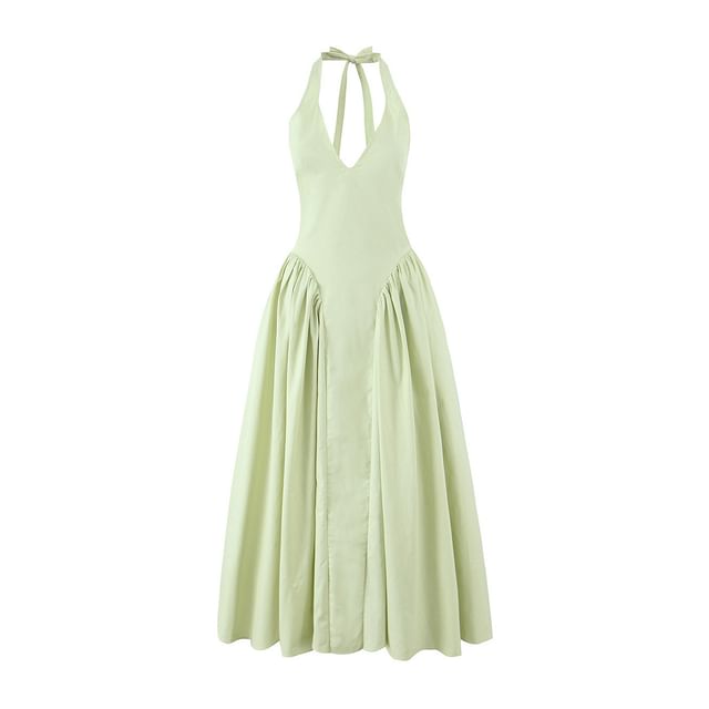 Ruched Open Back Halter V-Neck A-Line Dress - Altfashion Shop