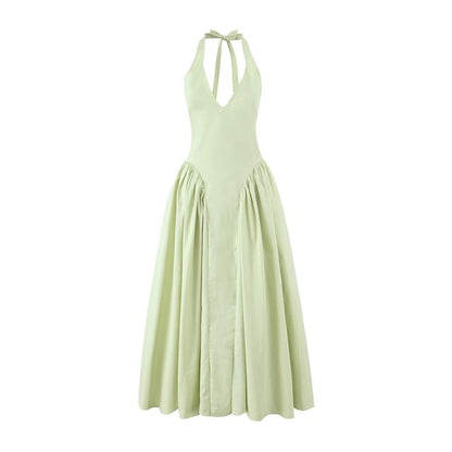 Ruched Open Back Halter V-Neck A-Line Dress - Altfashion Shop