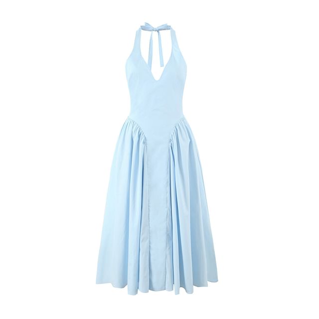 Ruched Open Back Halter V-Neck A-Line Dress - Altfashion Shop