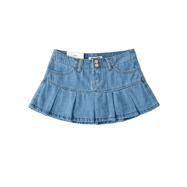 Low Rise Pleated Denim Mini A-Line Skort