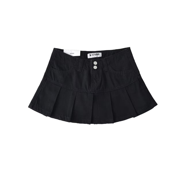 Low Rise Pleated Denim Mini A-Line Skort