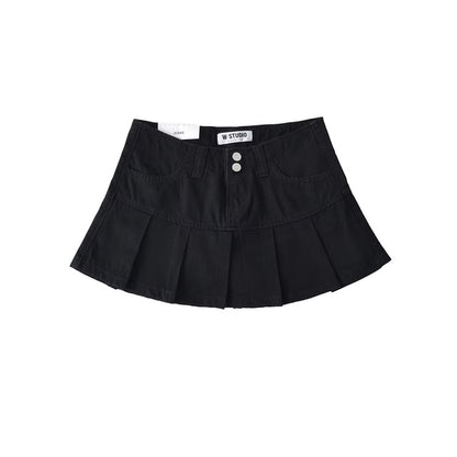 Low Rise Pleated Denim Mini A-Line Skort