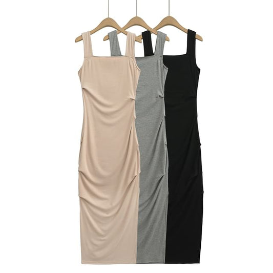 Square Neck Ruched Sleeveless Sheath Dress - Altfashion Shop