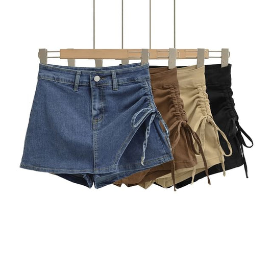 High Waist Drawstring Mini Denim Skort