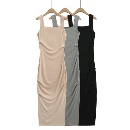 Square Neck Ruched Sleeveless Sheath Dress - Altfashion Shop