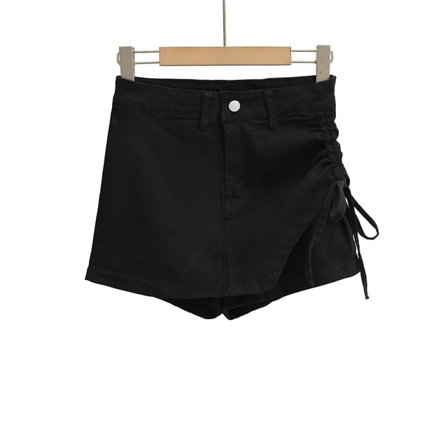 High Waist Drawstring Mini Denim Skort