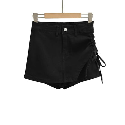 High Waist Drawstring Mini Denim Skort