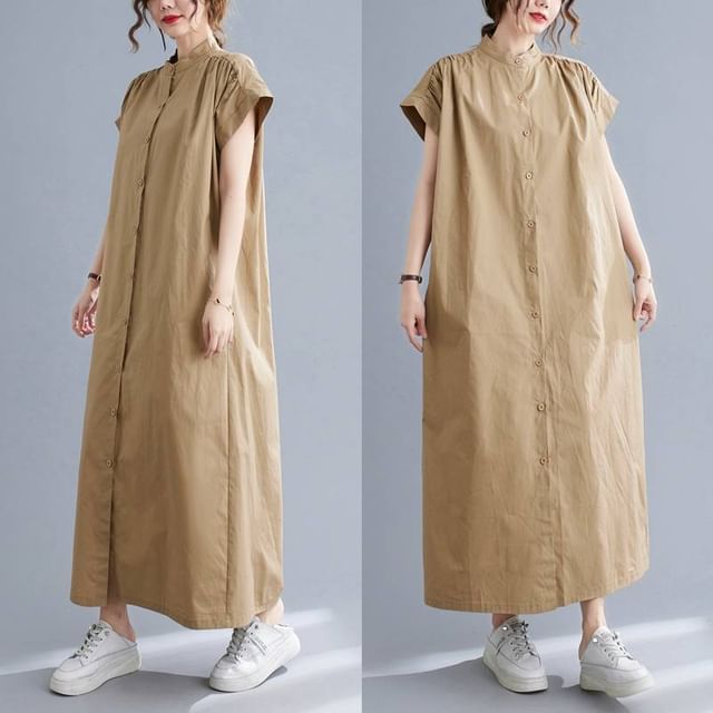 Stand Collar Short-Sleeve Maxi Dress - Altfashion Shop
