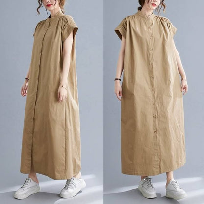 Stand Collar Short-Sleeve Maxi Dress - Altfashion Shop