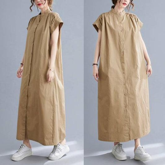 Stand Collar Short-Sleeve Maxi Dress - Altfashion Shop