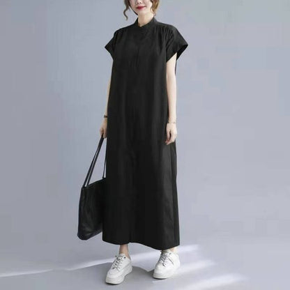 Stand Collar Short-Sleeve Maxi Dress - Altfashion Shop