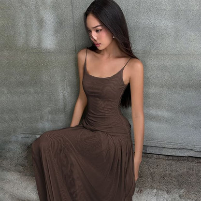 Spaghetti Strap Plain A-Line Maxi Dress - Altfashion Shop