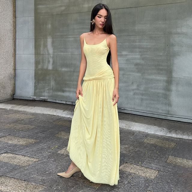 Spaghetti Strap Plain A-Line Maxi Dress - Altfashion Shop
