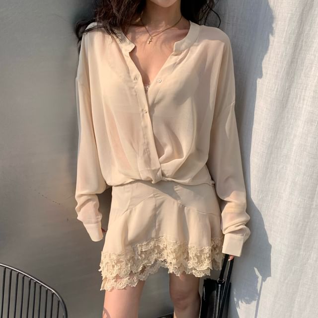 Set: Lace Blouse + Mini Skirt + Bra Top