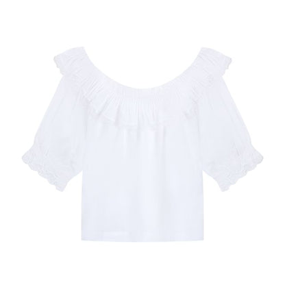 Elbow Sleeve Scoop Neck Ruffle Lace Blouse