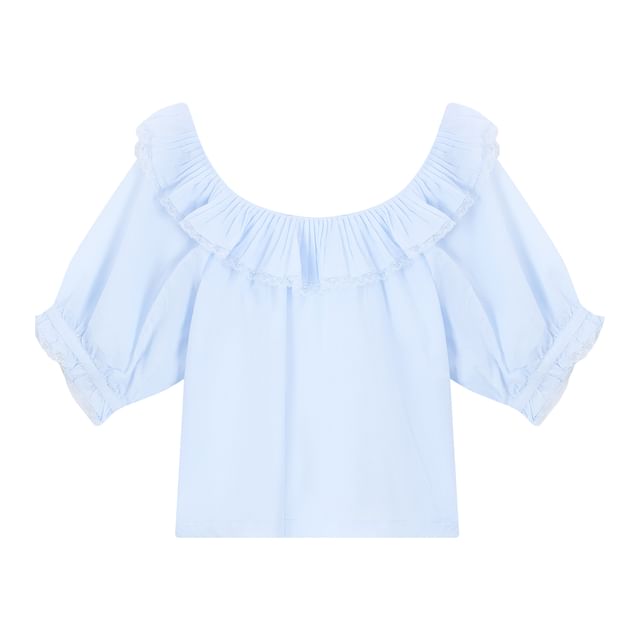 Elbow Sleeve Scoop Neck Ruffle Lace Blouse