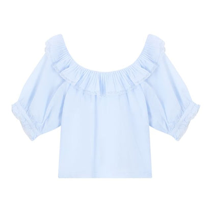 Elbow Sleeve Scoop Neck Ruffle Lace Blouse