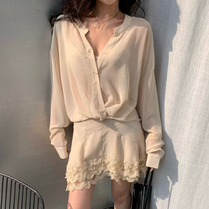 Set: Lace Blouse + Mini Skirt + Bra Top