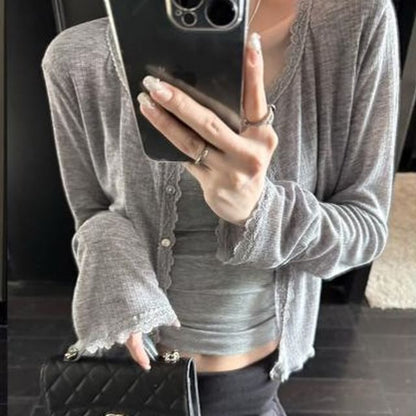 V-Neck Lace Trim Cardigan