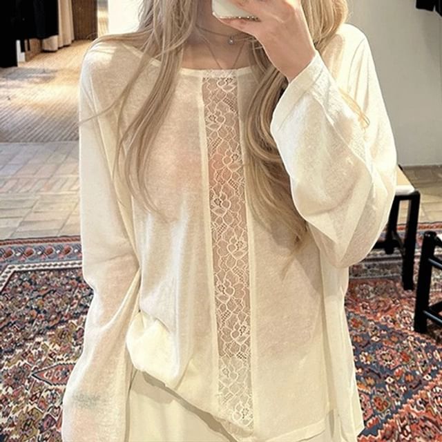 Boat Neck Lace Panel Long Sleeve Top