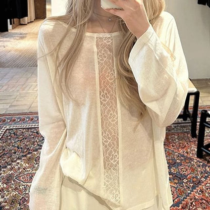 Boat Neck Lace Panel Long Sleeve Top
