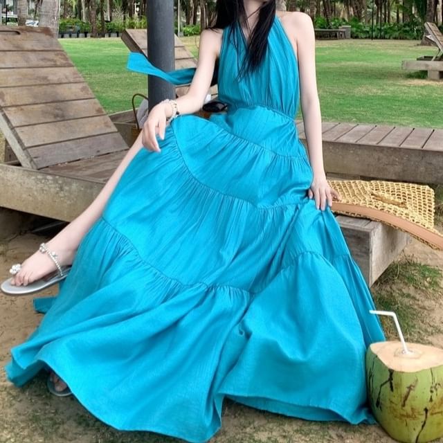 Halter Open Back Slit A-Line Maxi Dress - Altfashion Shop