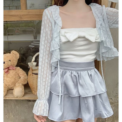 Lace Cropped Light Jacket with Ruffle Trim & Tie Front