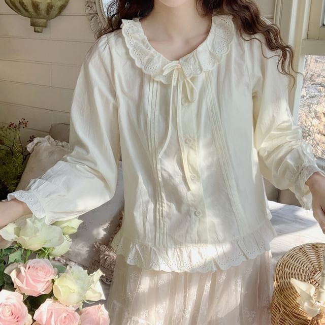 Plain Button-Up Blouse with Ruffle Collar & Lace Trim, Long-Sleeved