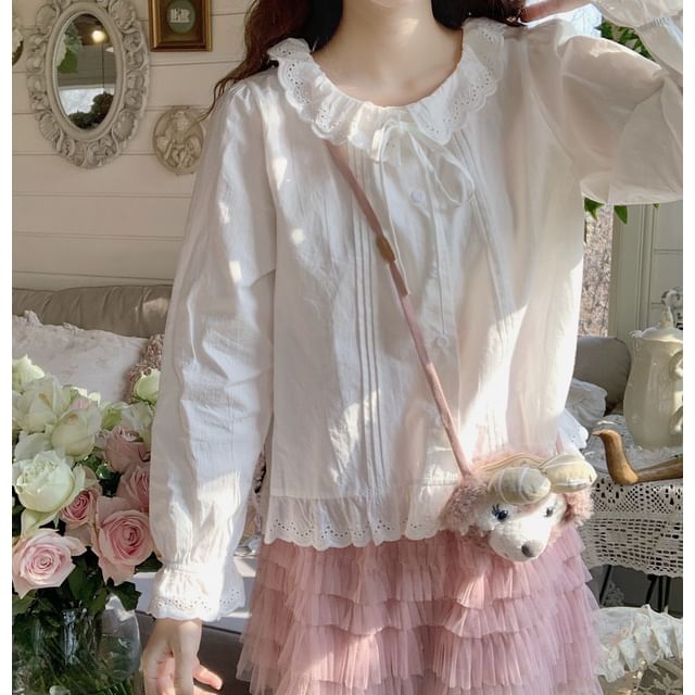 Plain Button-Up Blouse with Ruffle Collar & Lace Trim, Long-Sleeved