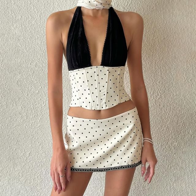 Dotted Sleeveless Cropped Corset Top with Mini Skirt