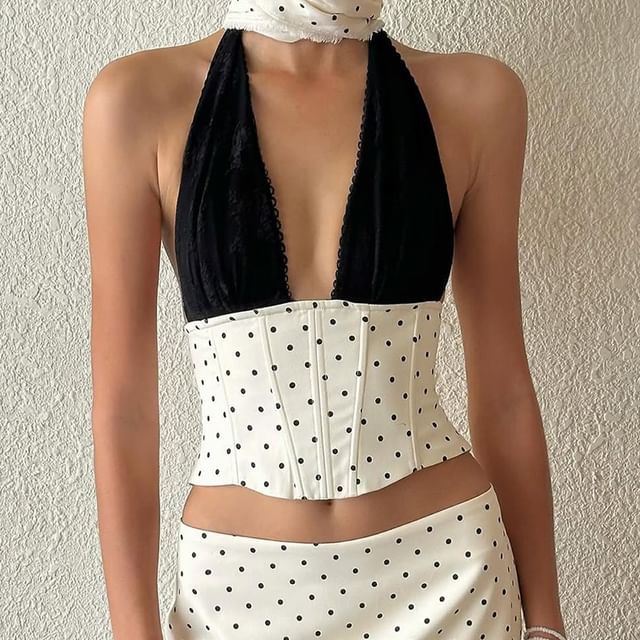 Dotted Sleeveless Cropped Corset Top with Mini Skirt
