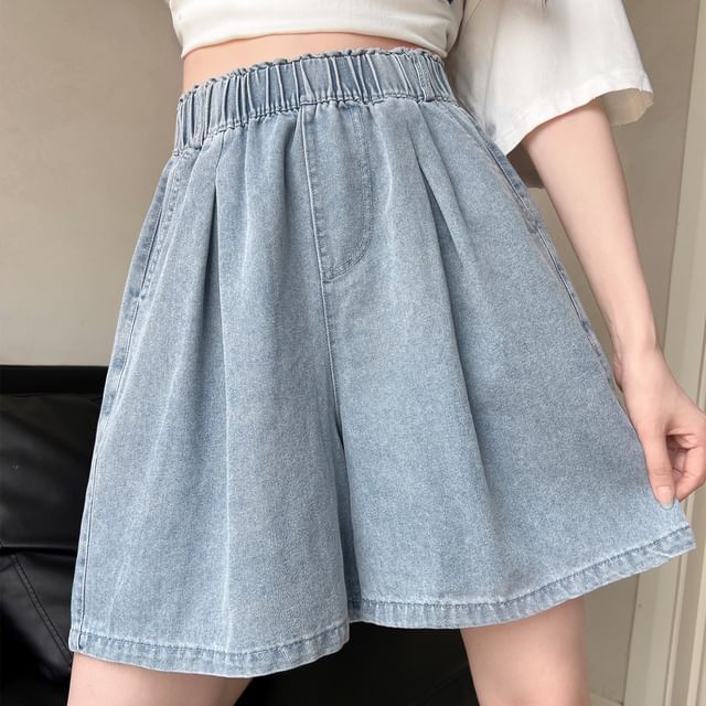 Elastic Waist Washed Denim Shorts