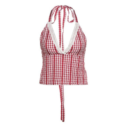 Plaid Lace-Trimmed Halter V-Neck Cami & Bubble-Hem Mini Shorts