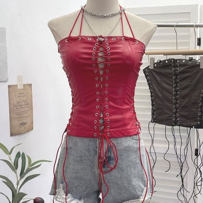 Halter Grommet Lace Faux Leather Top