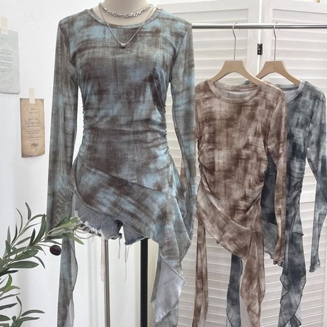 Tie-Dye Mesh Asymmetric Long-Sleeved Round-Neck Top