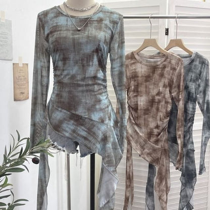 Tie-Dye Mesh Asymmetric Long-Sleeved Round-Neck Top