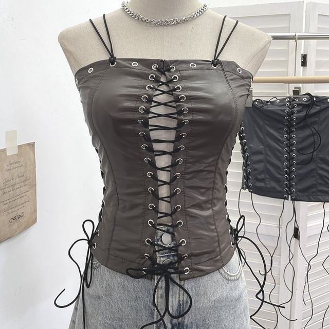 Halter Grommet Lace Faux Leather Top