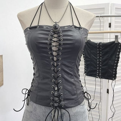 Halter Grommet Lace Faux Leather Top