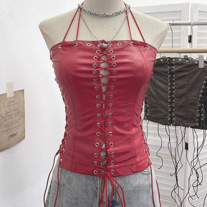 Halter Grommet Lace Faux Leather Top