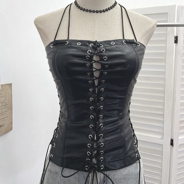 Halter Grommet Lace Faux Leather Top