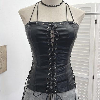 Halter Grommet Lace Faux Leather Top