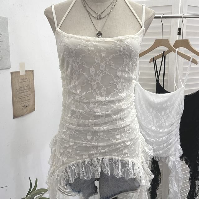 Ruched Ruffle Lace Cami