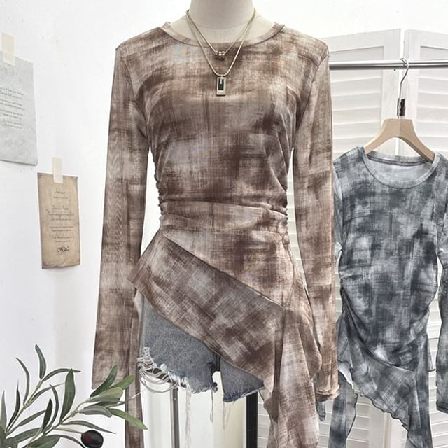 Tie-Dye Mesh Asymmetric Long-Sleeved Round-Neck Top
